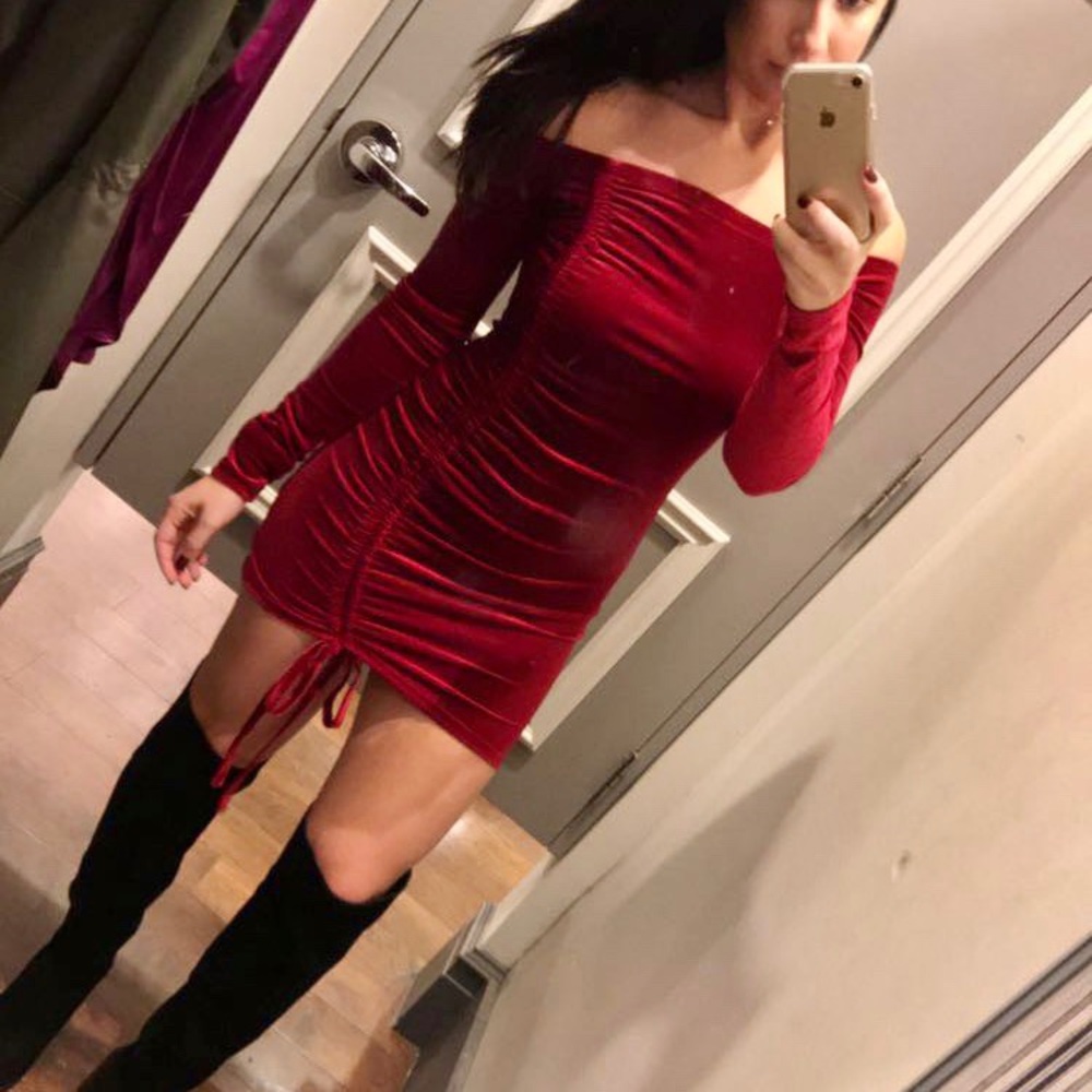 Red Velvet Off-Shoulder Dress - Picture 2 of 2